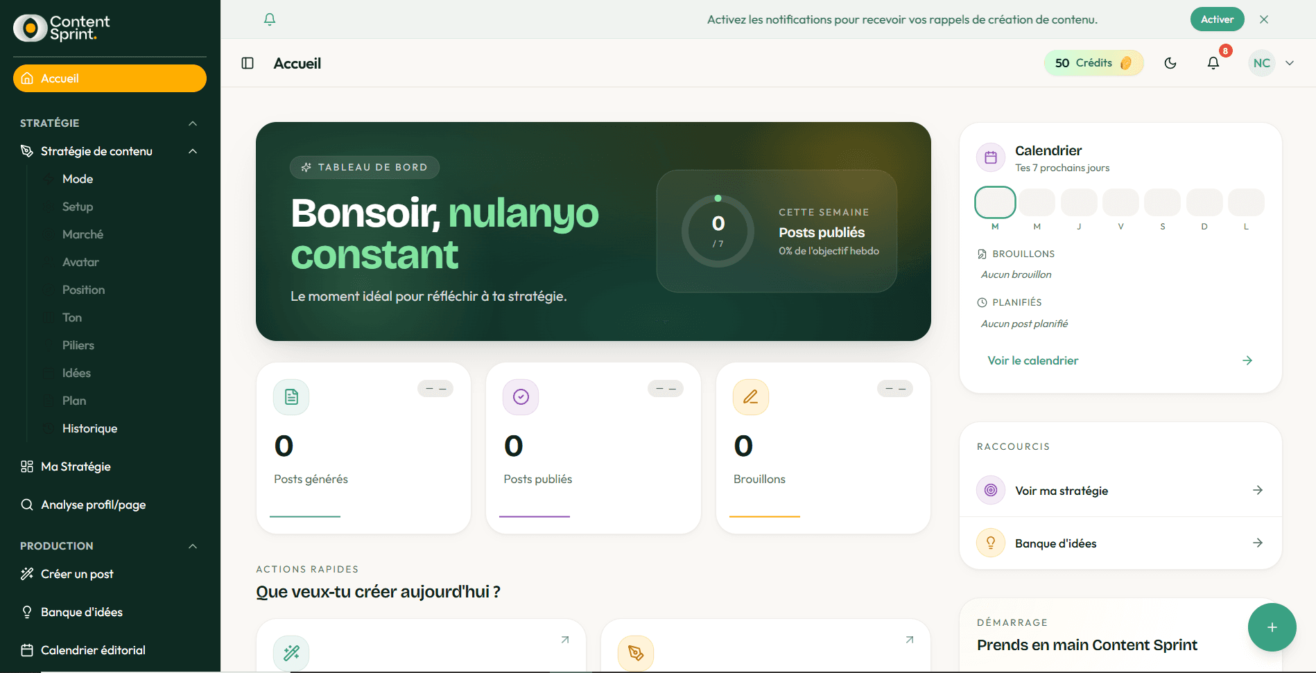 Tableau de bord de la plateforme Content Sprint