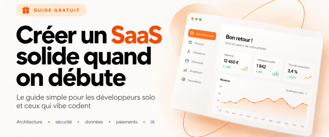 Aperçu de la couverture du guide Créer un SaaS solide quand on débute, avec une interface de tableau de bord.